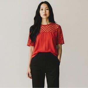 Sandro Paris Lace Blouse FR 2 US 6 Red Cutout Short Sleeve Keyhole NWT $250